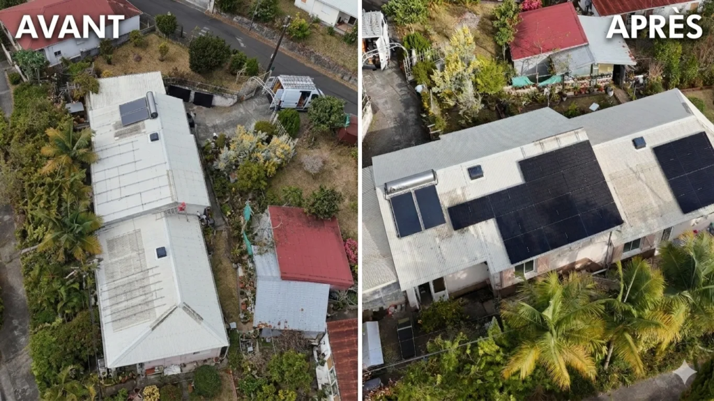 Comparaison avant après d'une installation de panneaux solaires photovoltaïques sur une grande toiture en tôle à La Réunion.