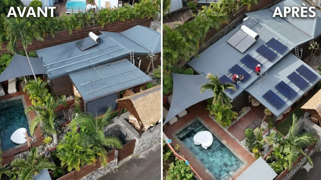 Montage avant après installation solaire sur pergola et toit plat d'une villa avec piscine à La Réunion.