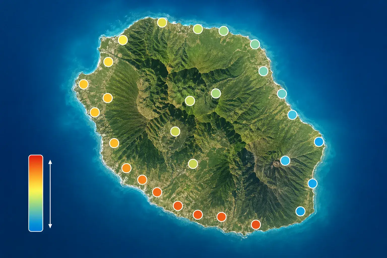 Carte de La Réunion représentant le productible photovoltaïque annuel par commune, du rouge pour la plus forte production au sud-ouest au bleu pour la plus faible à l'est
