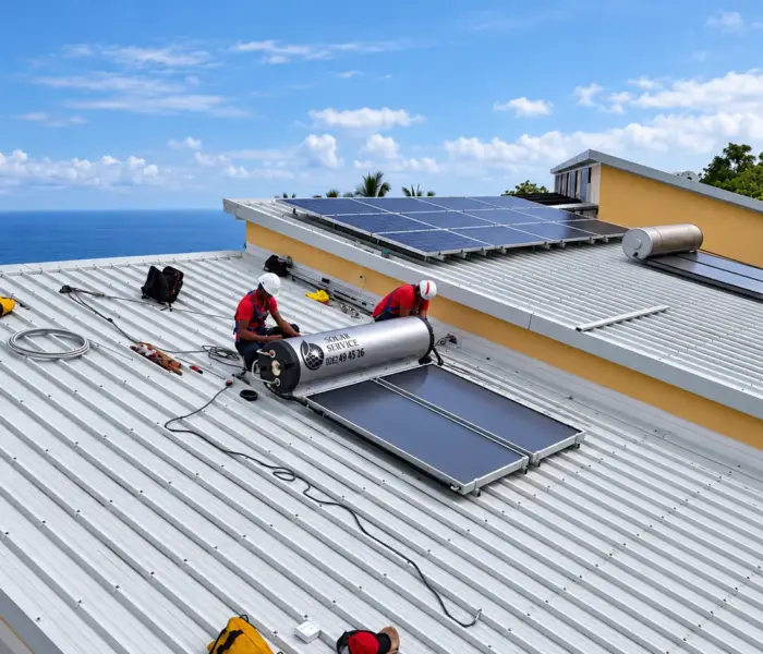 Deux techniciens Solar Service en intervention sur un chauffe-eau solaire posé sur toiture bac acier à La Réunion, vue avec l'océan en fond