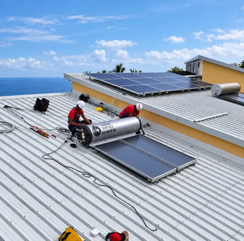 Deux techniciens Solar Service en intervention sur un chauffe-eau solaire posé sur toiture bac acier à La Réunion, vue avec l'océan en fond