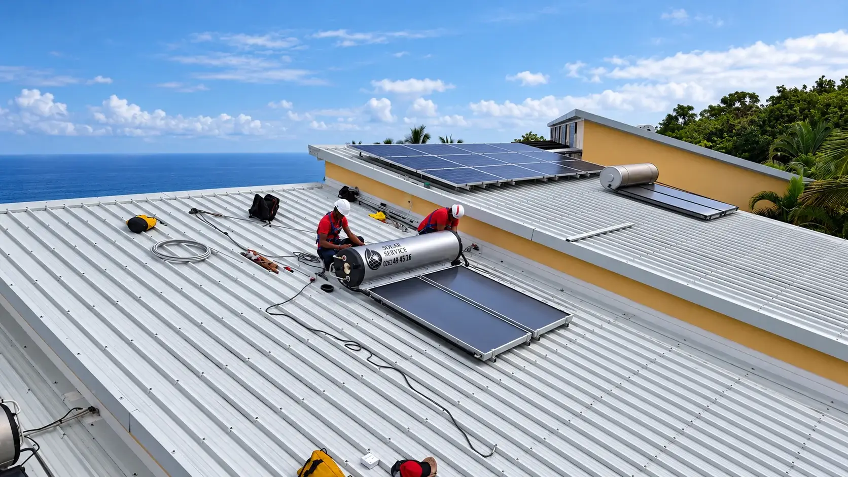 Deux techniciens Solar Service en intervention sur un chauffe-eau solaire posé sur toiture bac acier à La Réunion, vue avec l'océan en fond