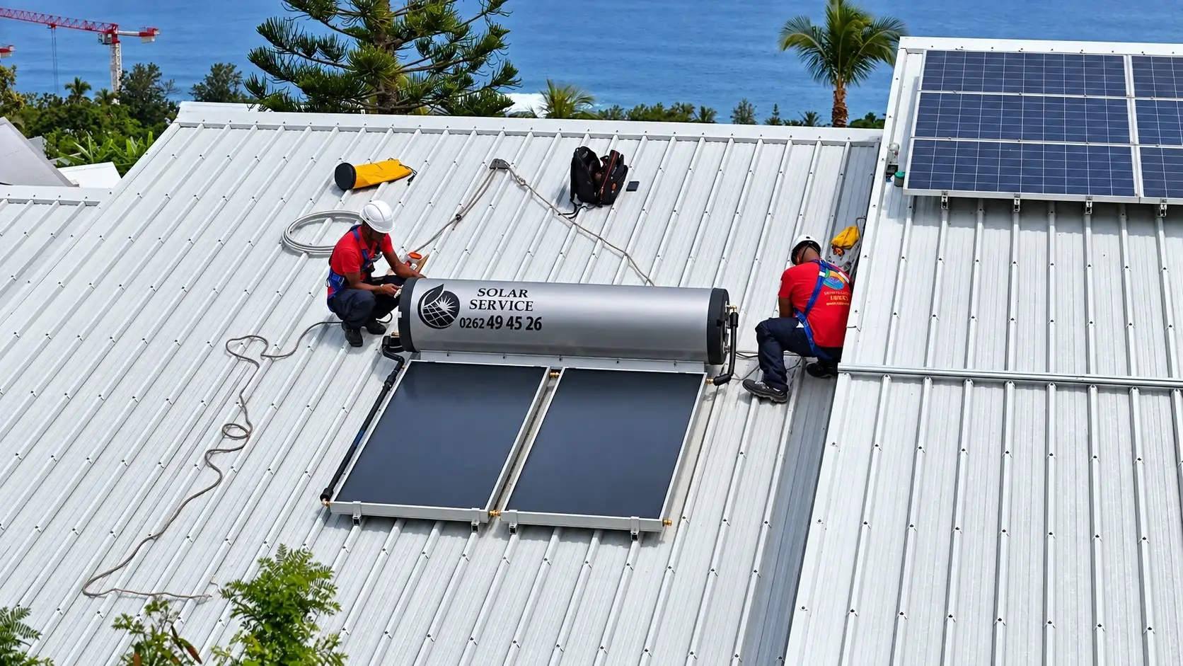Technicien Solar Service diagnostiquant un chauffe-eau solaire en panne à La Réunion