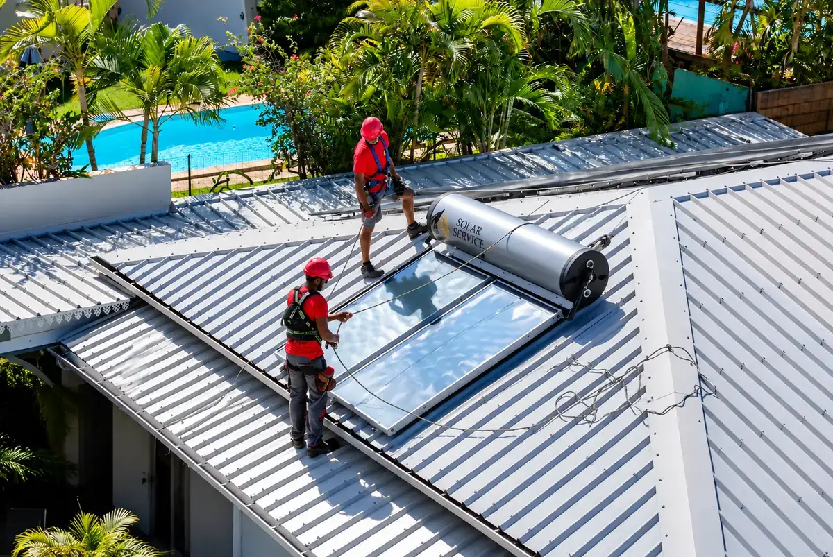 Deux poseurs Solar Service encordés fixant un chauffe-eau solaire thermosiphon sur une toiture en tôle à La Réunion